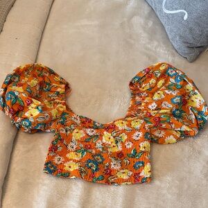 Zara Orange Floral Puff Sleeve Crop Top NWT
